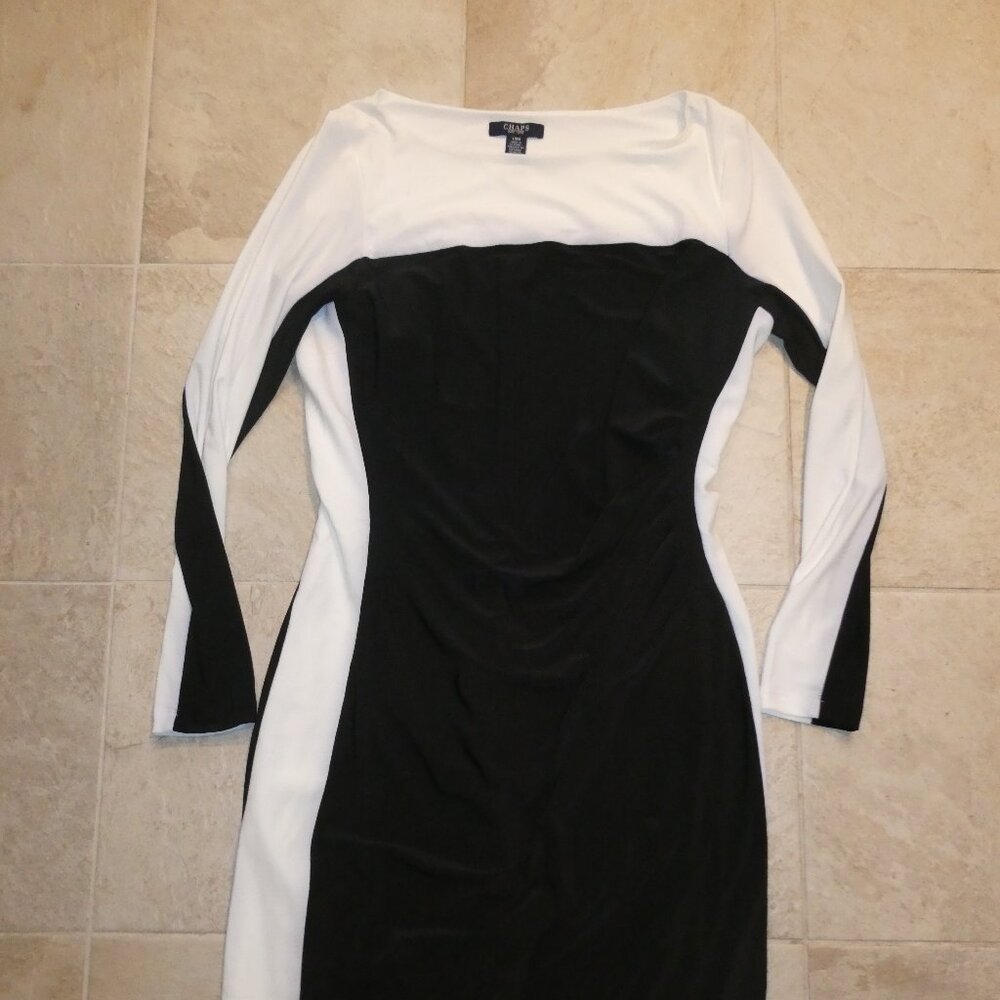Chaps women's black/white knee-length long-sleeved evening/work dress Large